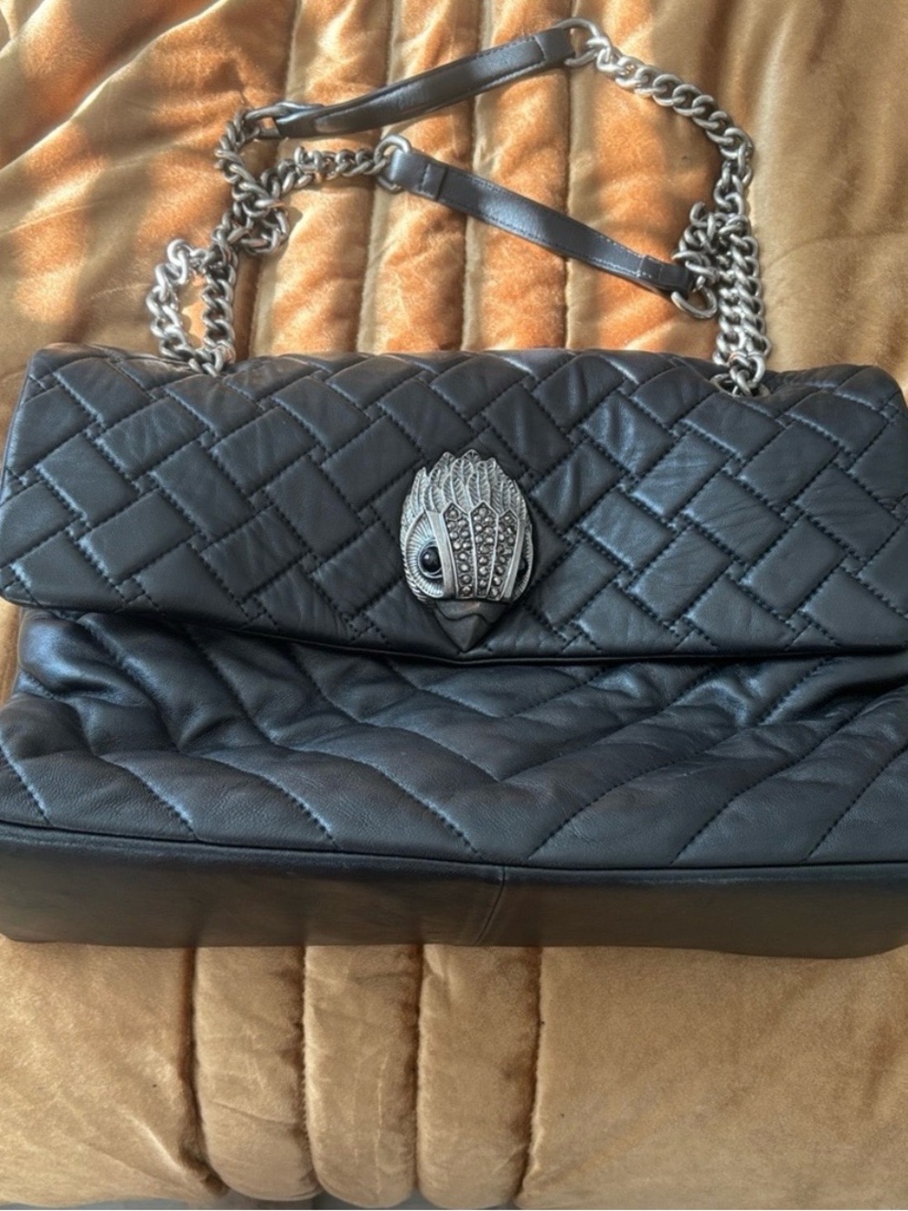 Kurt Geiger XL Kensington Black Quilted Leather Shoulder Bag with Chain Strap